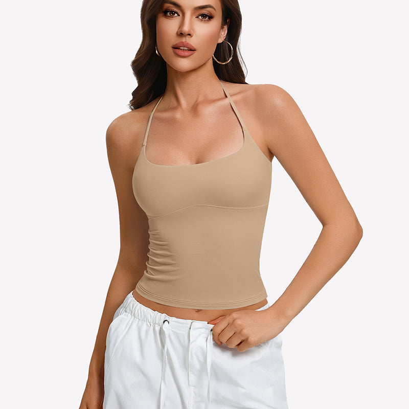 Nude halter crop camisole with double lining and low scoop neckline