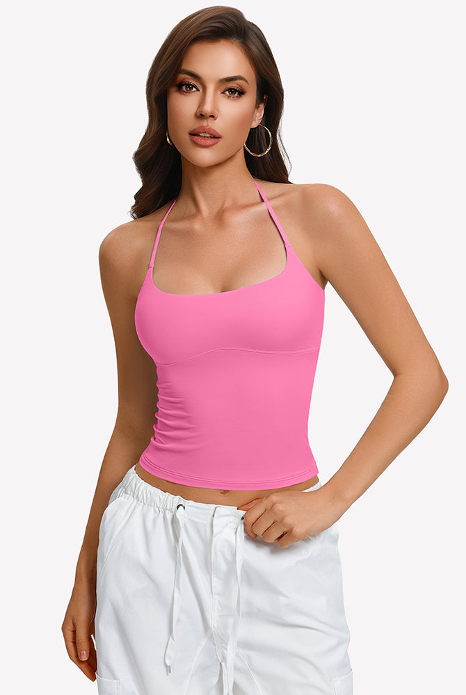 Pink halter crop camisole with double lining and low scoop neckline