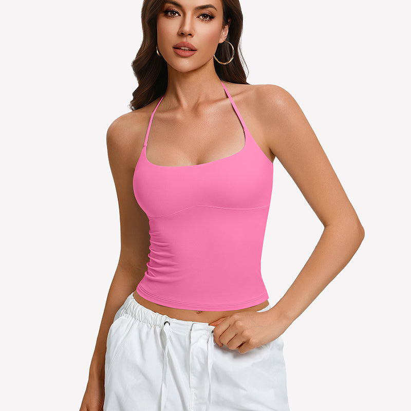 Pink halter crop camisole with double lining and low scoop neckline