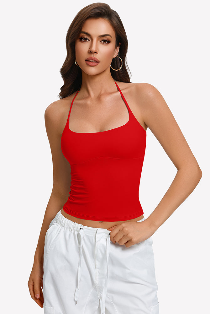Red halter crop camisole with double lining and low scoop neckline