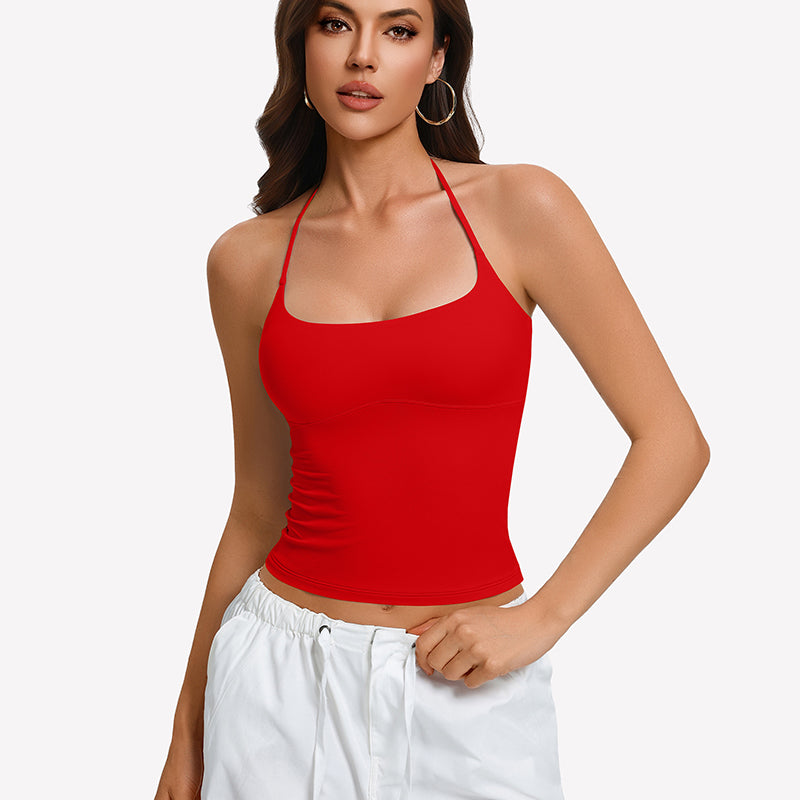 Red halter crop camisole with double lining and low scoop neckline