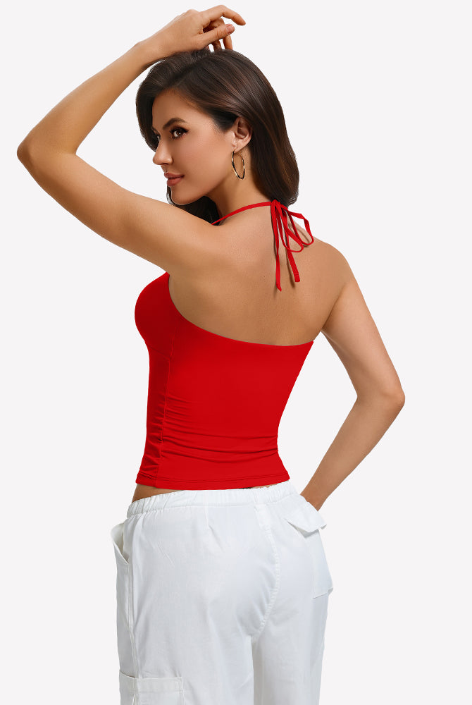 Red backless halter crop top with tied neck straps, double-lined camisole