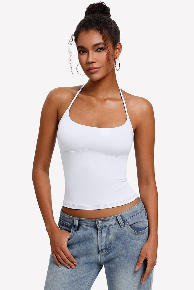 White halter crop camisole with double lining and low scoop neckline