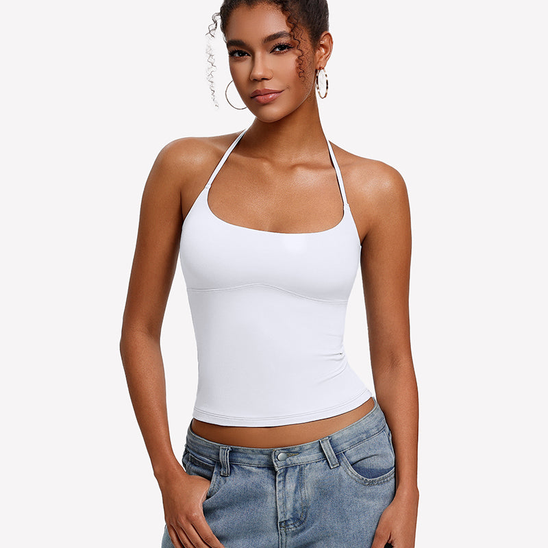 White halter crop camisole with double lining and low scoop neckline