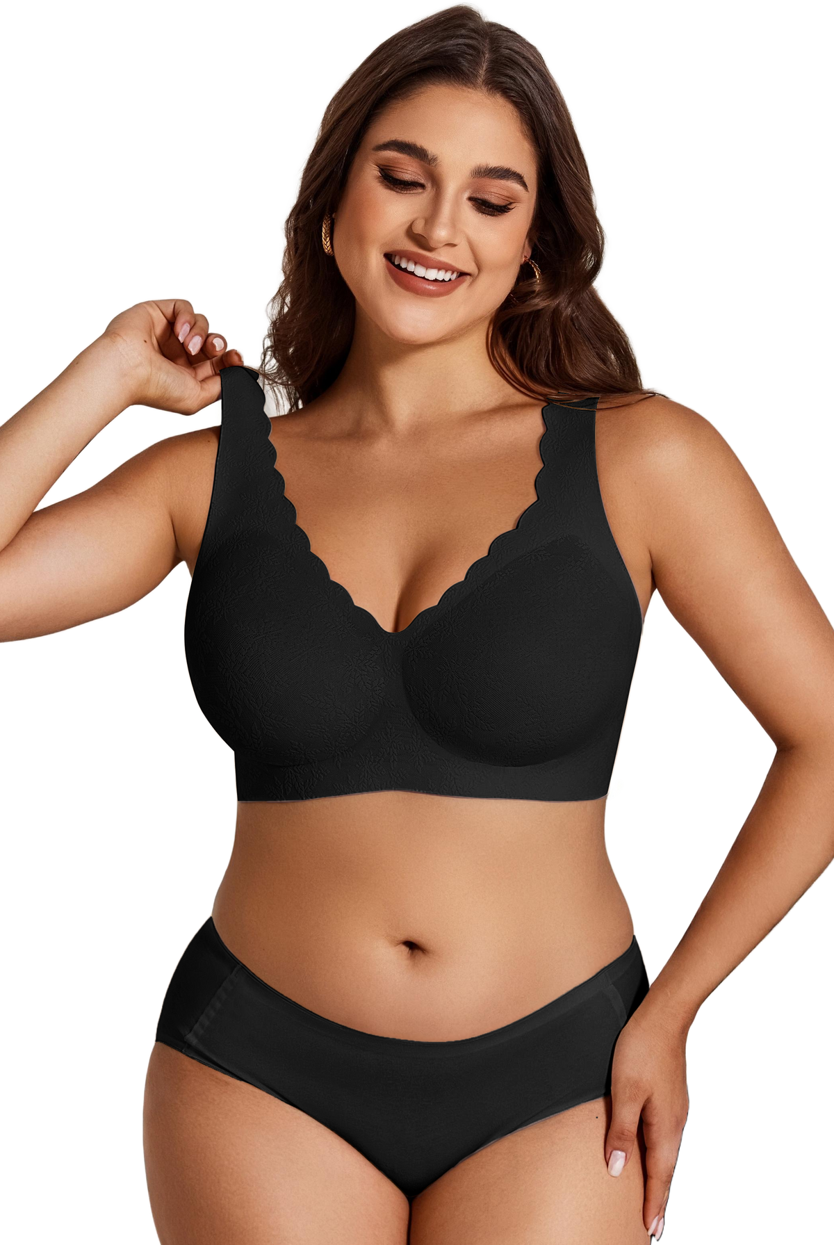 Black wireless bralette with deep V neckline and scalloped lace trim
