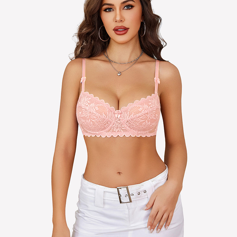 Light pink lace underwire sheer mesh bra with scalloped lace cups and center bow