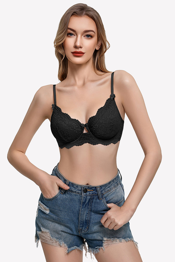 Black lace V-neck balconette underwire bra with scalloped edges
