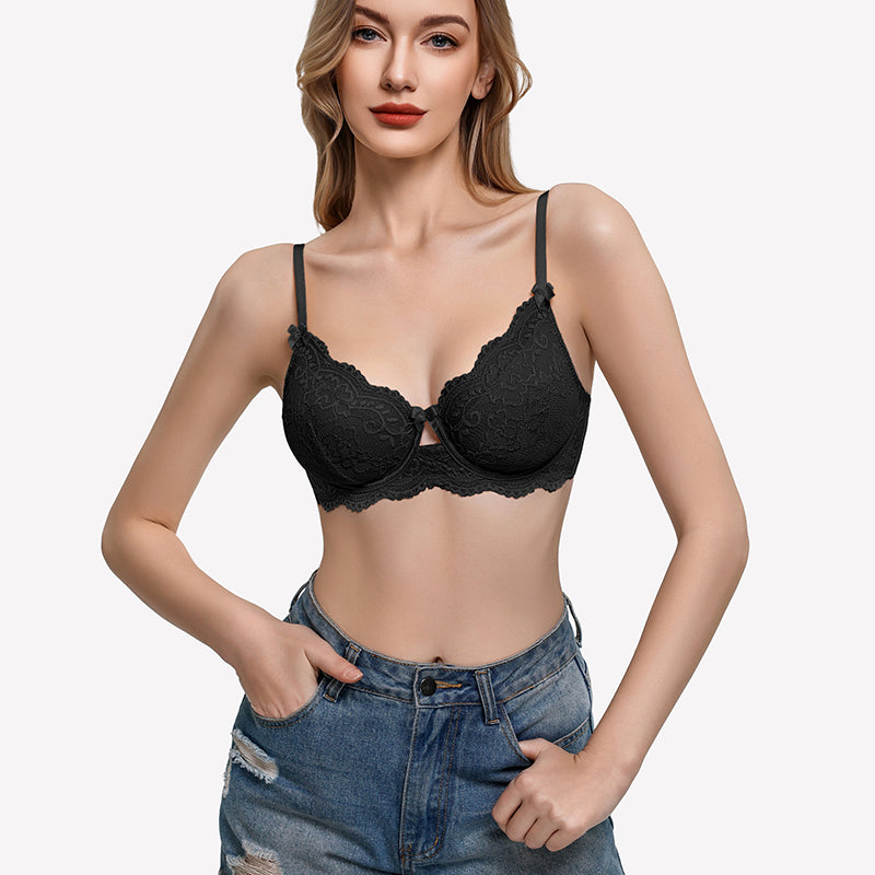 Black lace V-neck balconette underwire bra with scalloped edges