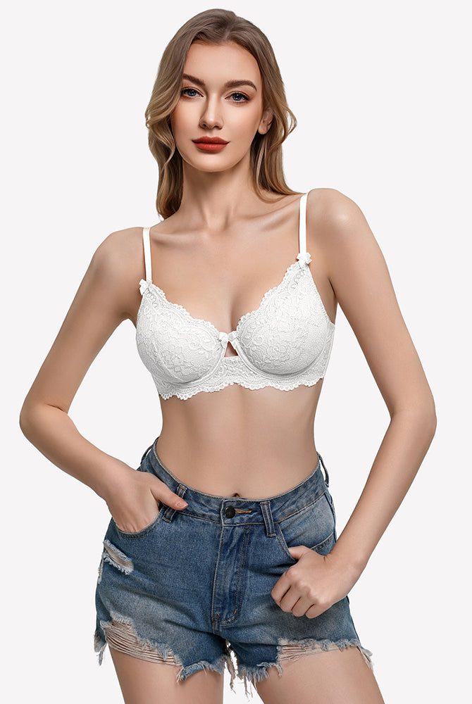 White lace V-neck balconette underwire bra with scalloped lace trim