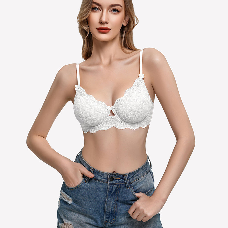 White lace V-neck balconette underwire bra with scalloped lace trim