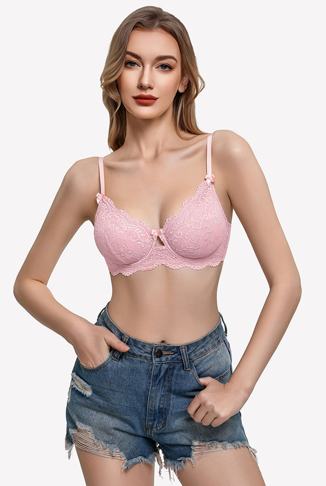 Pink lace V-neck balconette underwire bra with scalloped lace edges