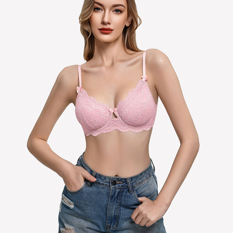 Pink lace V-neck balconette underwire bra with scalloped lace edges