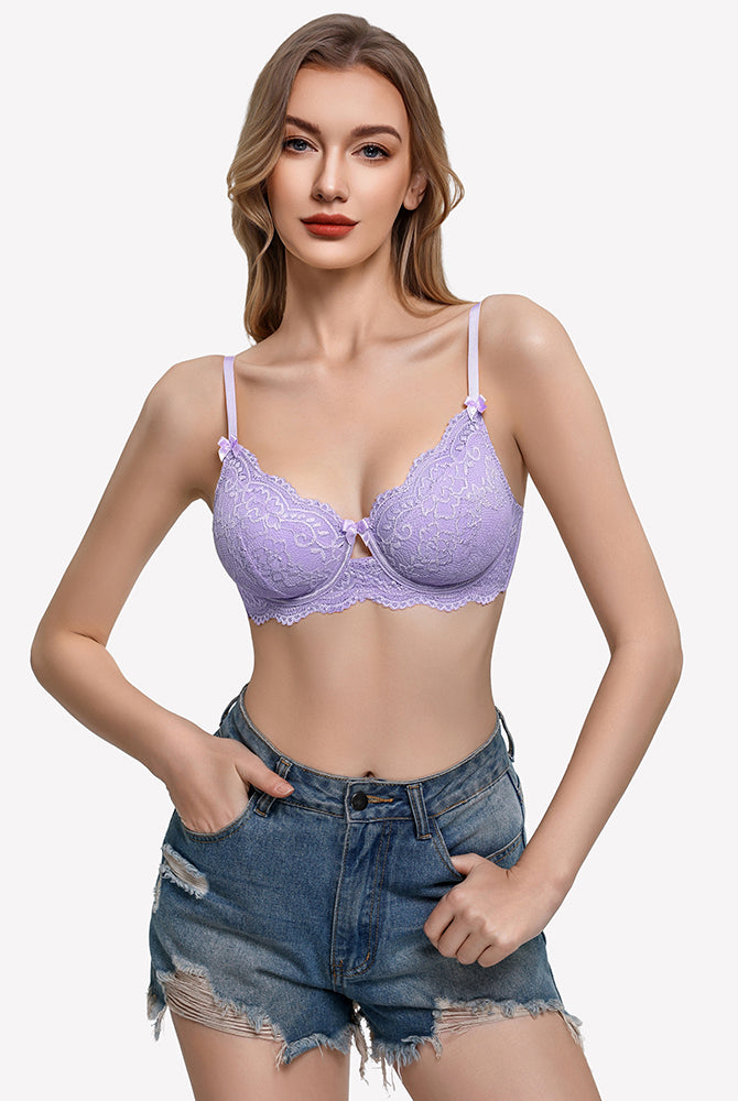 Lilac lace V-neck balconette underwire bra with scalloped lace trim