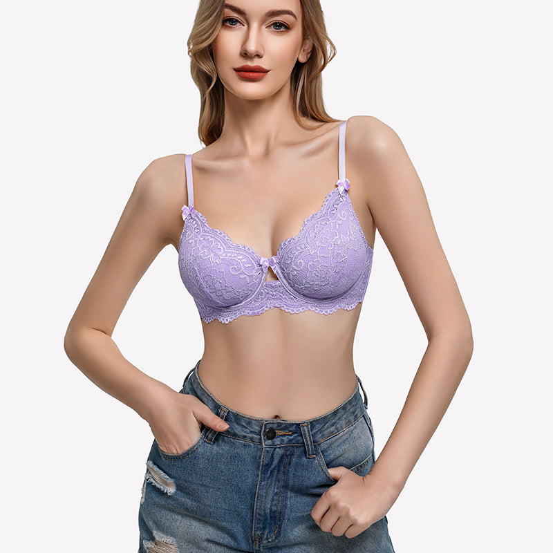Lilac lace V-neck balconette underwire bra with scalloped lace trim