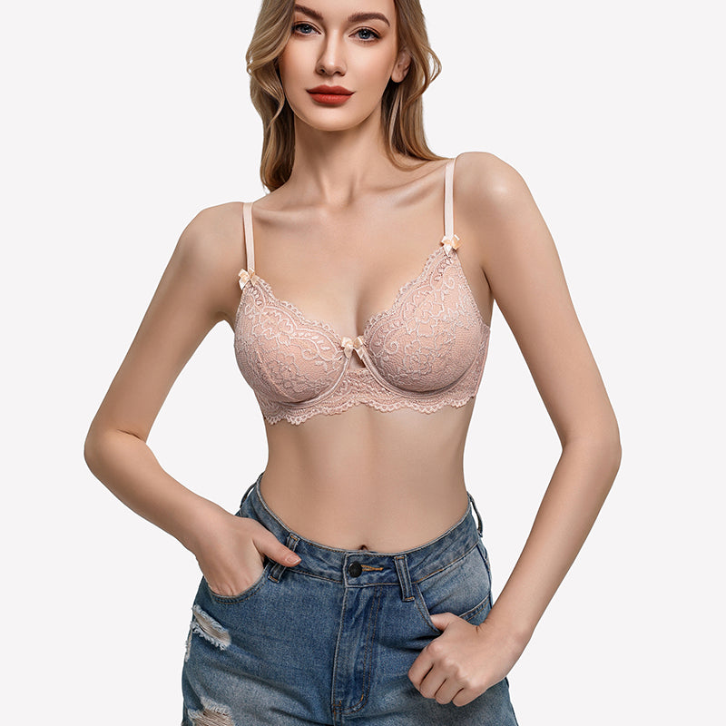 Blush lace V-neck balconette underwire bra with scalloped lace trim