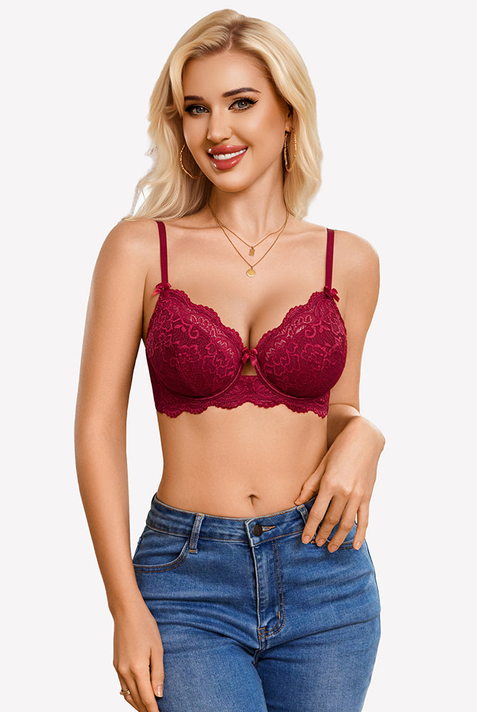 Wine red lace V-neck balconette underwire bra with scalloped lace trim