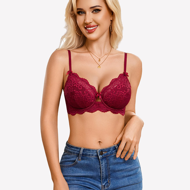 Wine red lace V-neck balconette underwire bra with scalloped lace trim