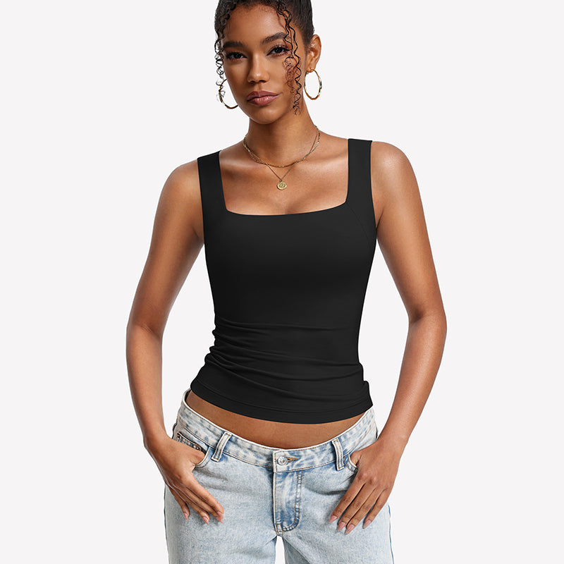 Built-In Bra Tank Top ¡§C Double Lined U-Neck Stretchy Summer Top