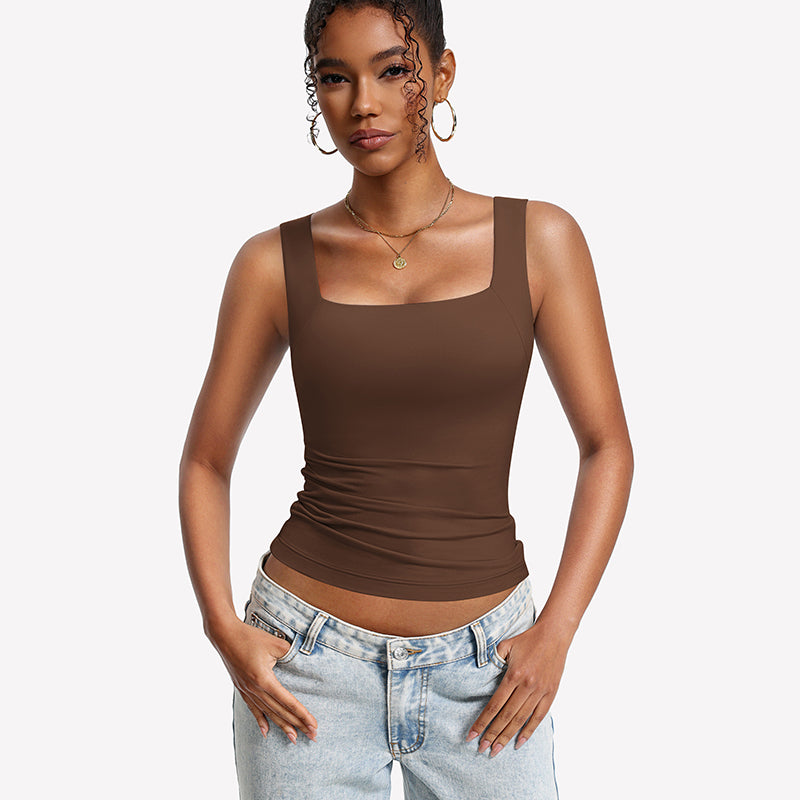 Built-In Bra Tank Top ¡§C Double Lined U-Neck Stretchy Summer Top
