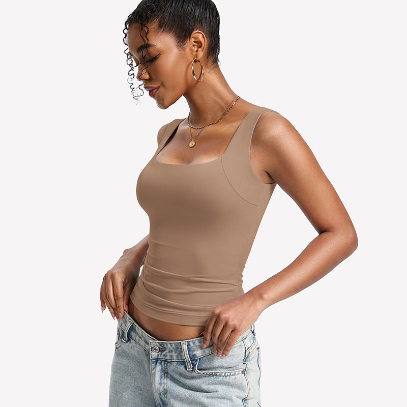 Built-In Bra Tank Top ¡§C Double Lined U-Neck Stretchy Summer Top