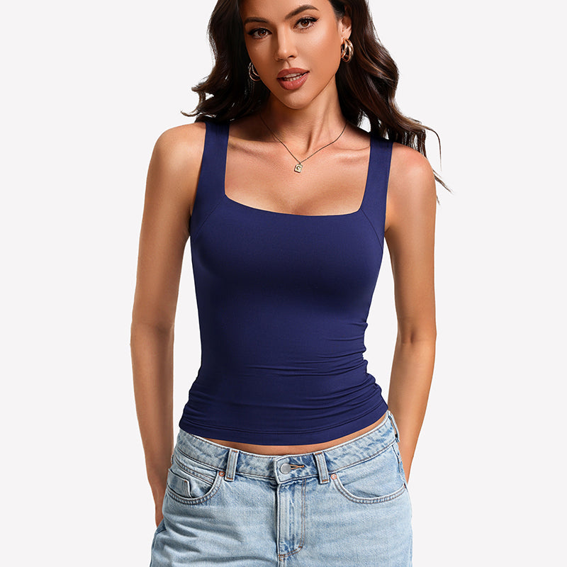 Built-In Bra Tank Top ¡§C Double Lined U-Neck Stretchy Summer Top