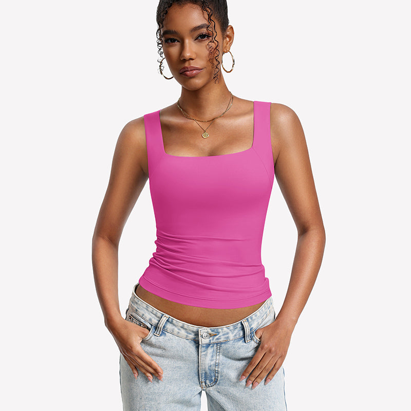 Built-In Bra Tank Top ¡§C Double Lined U-Neck Stretchy Summer Top