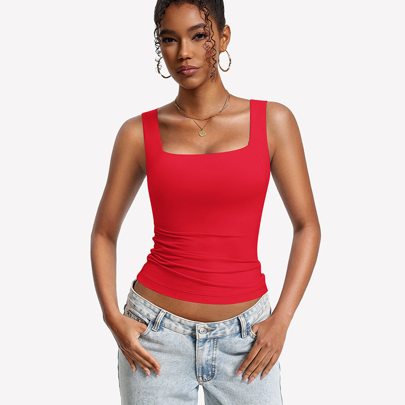 Built-In Bra Tank Top ¡§C Double Lined U-Neck Stretchy Summer Top