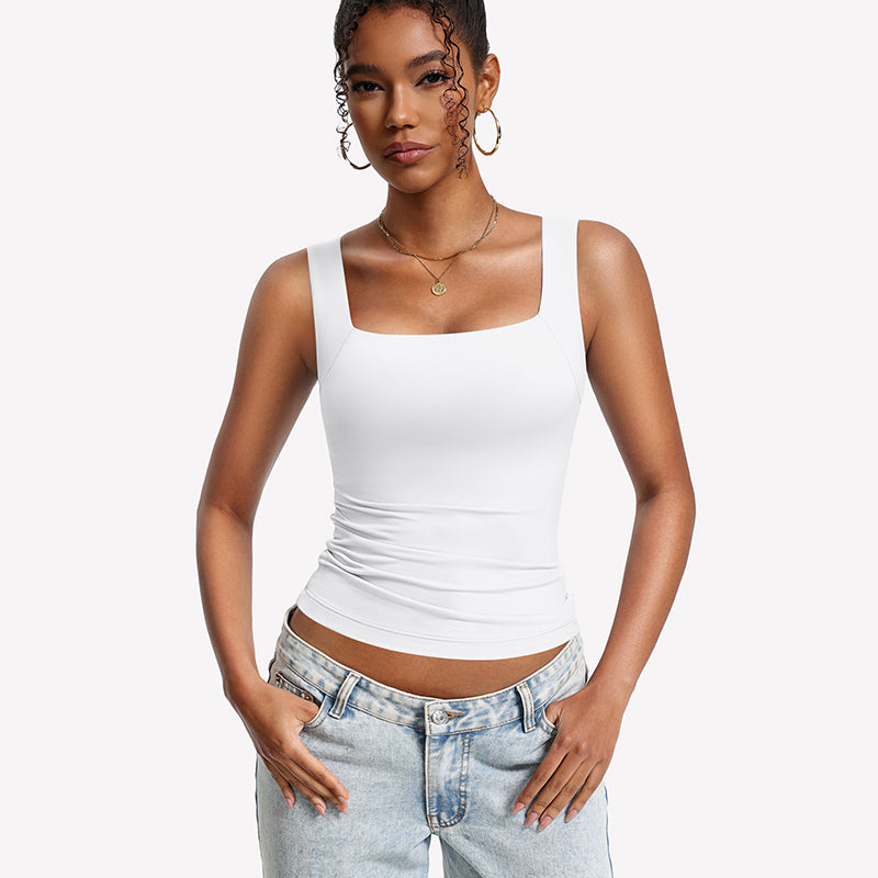 Built-In Bra Tank Top ¡§C Double Lined U-Neck Stretchy Summer Top