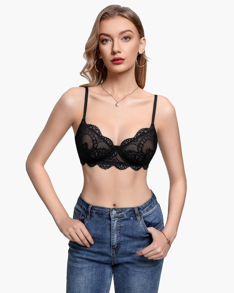 Black lace balconette underwire bra with scalloped cups and thin adjustable straps
