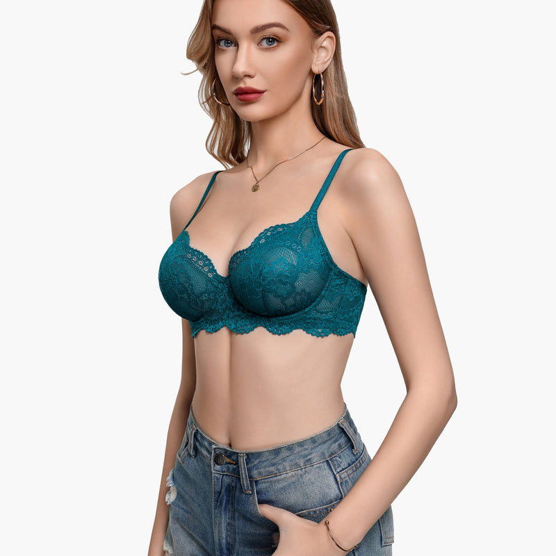 Lace balconette underwire bra in teal lace, underwire cups with scalloped edge