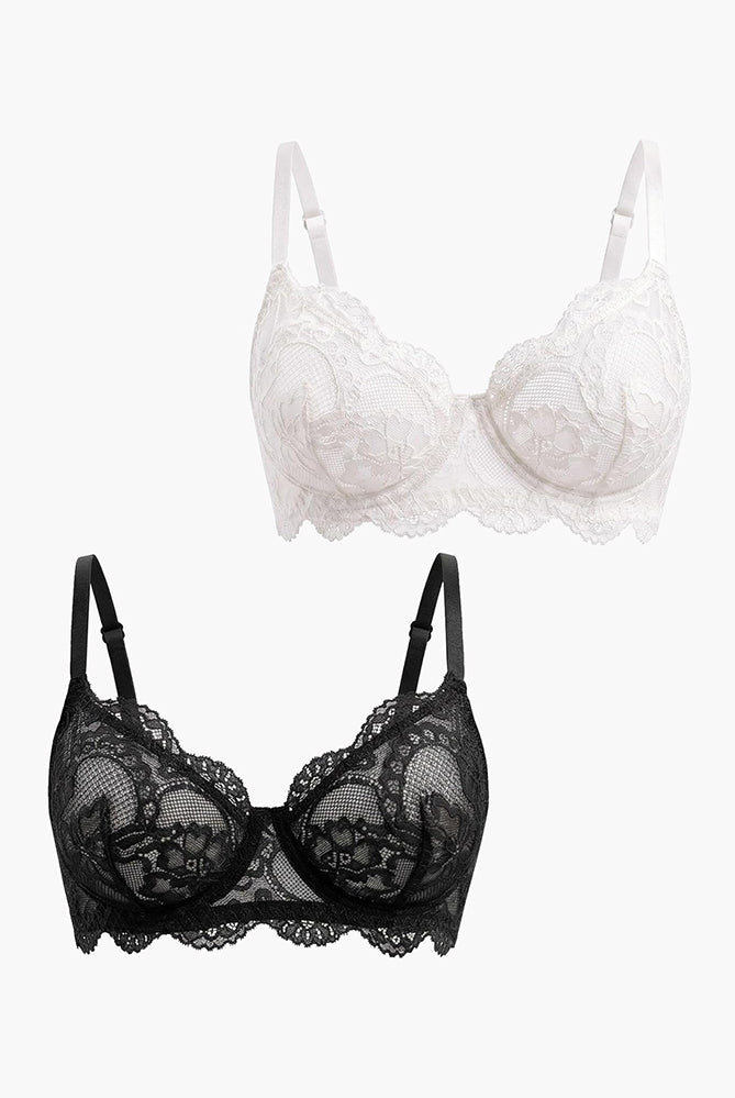 White and black lace balconette underwire bras with thin adjustable straps