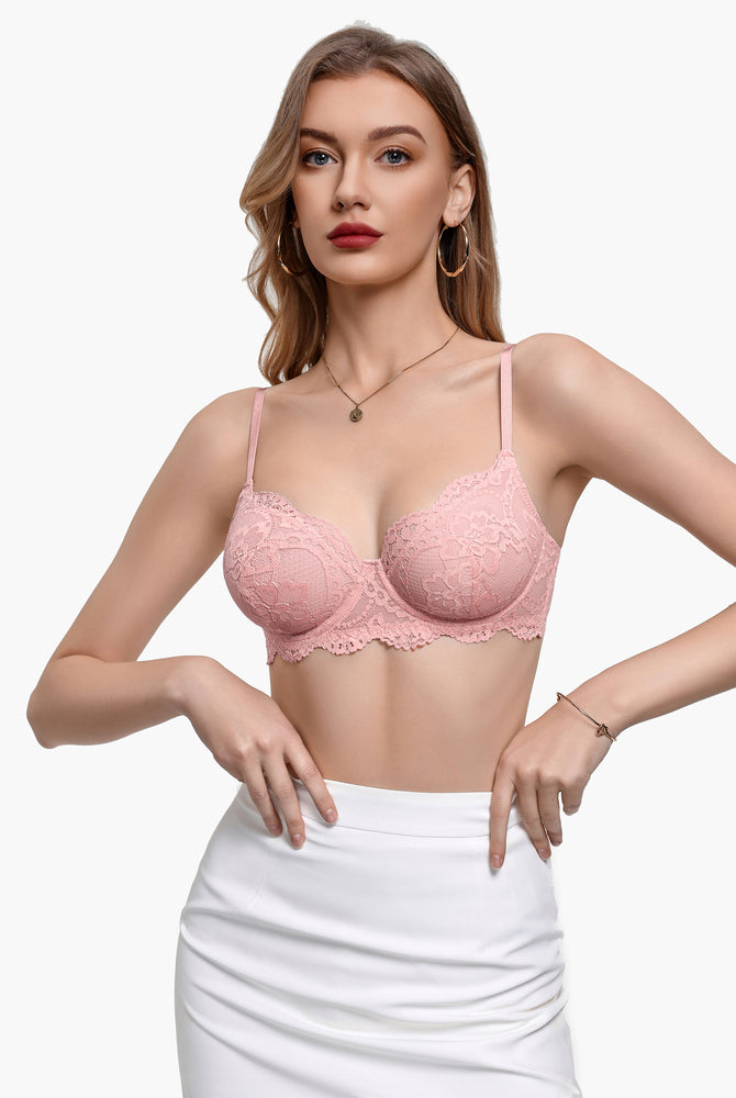 Light pink lace balconette underwire bra with scalloped lace trim and adjustable straps