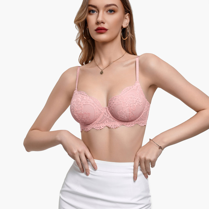 Light pink lace balconette underwire bra with scalloped lace trim and adjustable straps