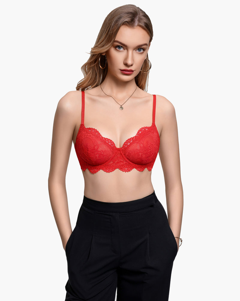 Lace balconette underwire bra in red lace, front view with thin straps