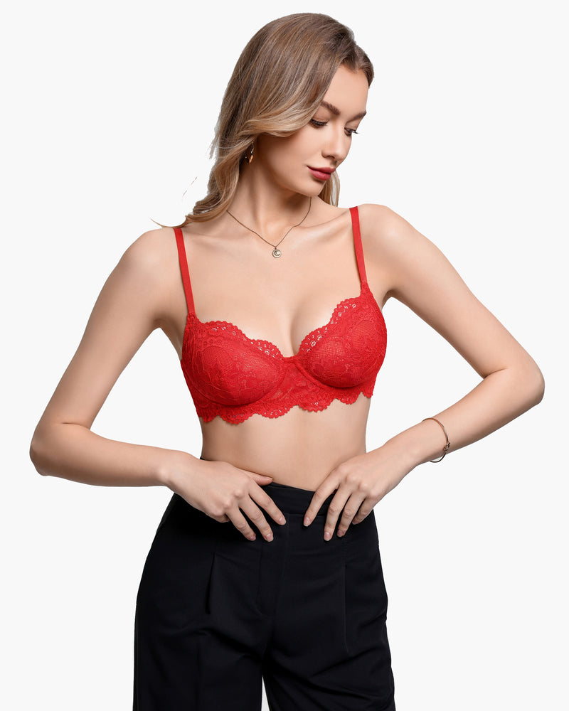 Lace balconette underwire bra in red lace, underwire cups with scalloped hem