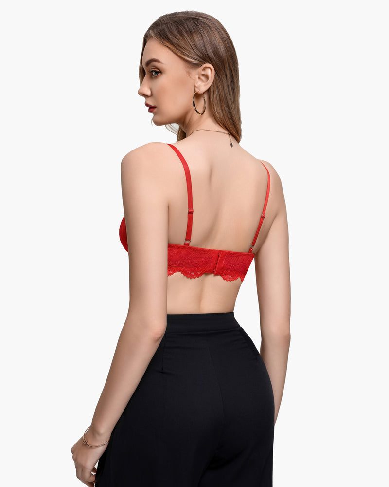 Lace balconette underwire bra in red lace, back view with thin shoulder straps
