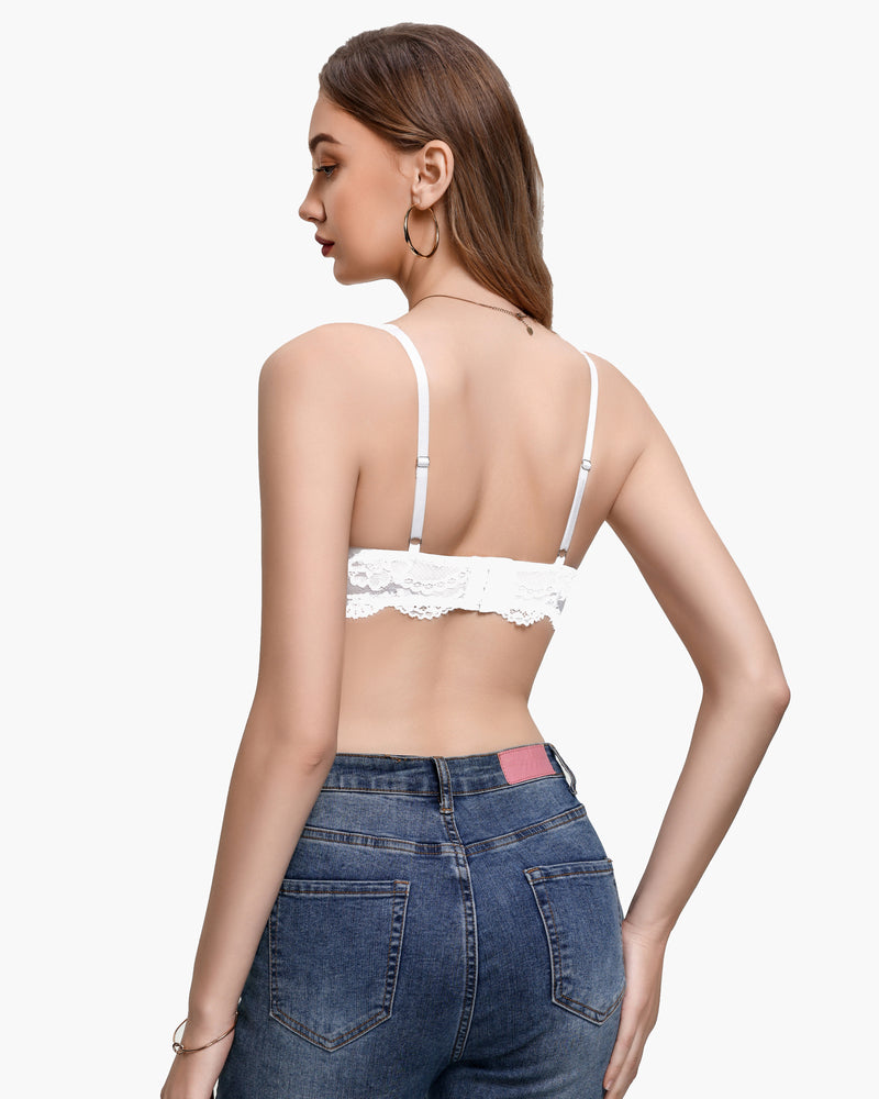 White lace balconette underwire bra back view with adjustable straps