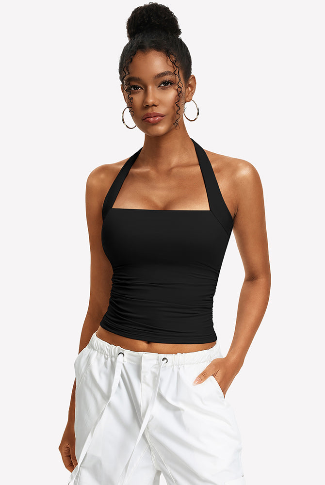 Black ruched halter tank top with square neckline and draped ruching