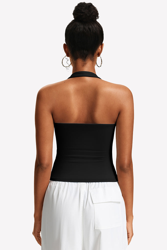 Black ruched halter tank top, back view with square neckline