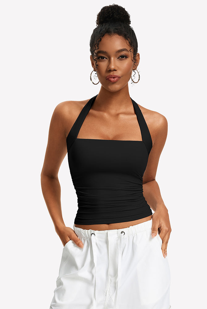 Black ruched halter tank top with square neckline
