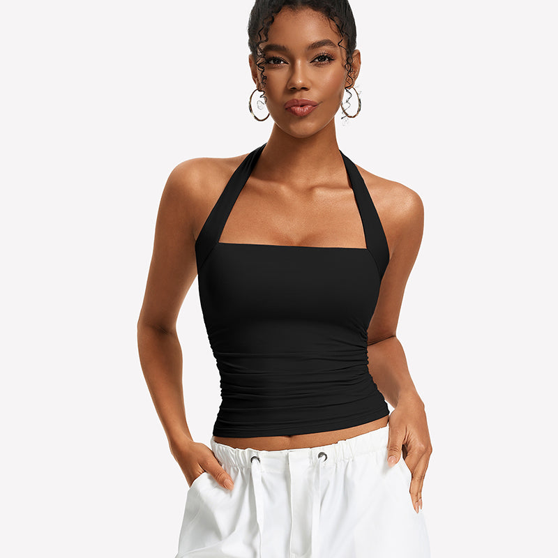Black ruched halter tank top with square neckline