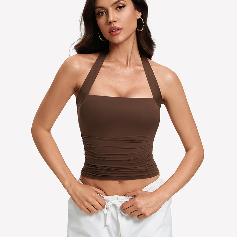 Brown ruched halter tank top with square neckline
