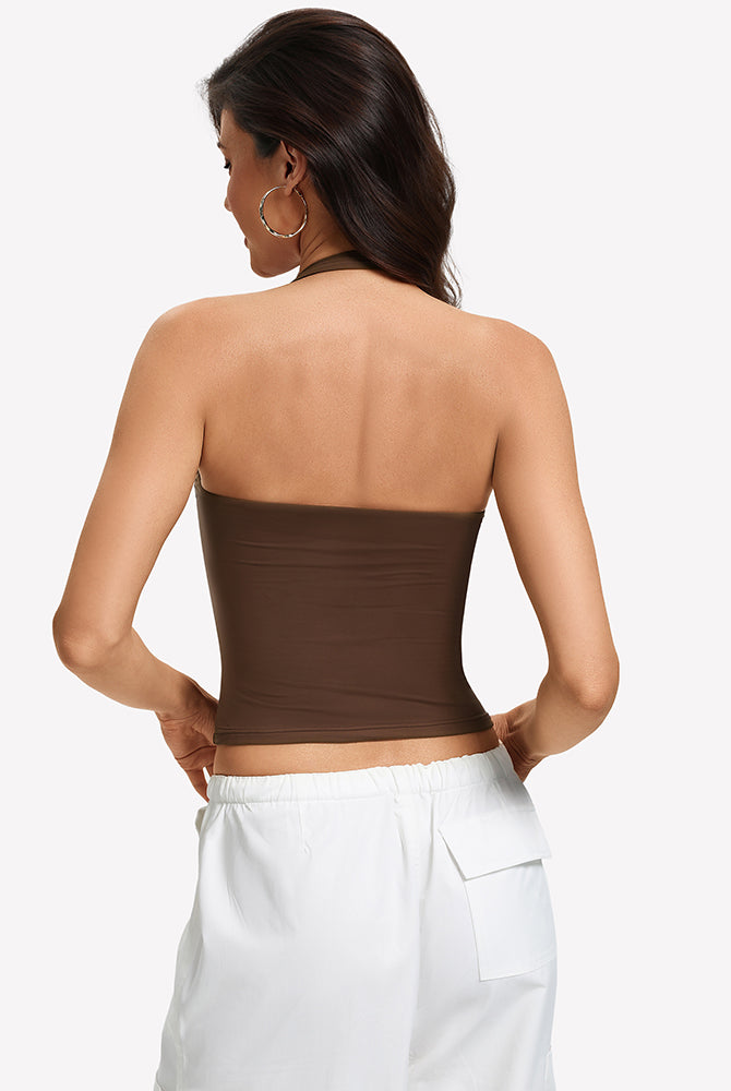 Brown ruched halter tank top, back view with square neckline