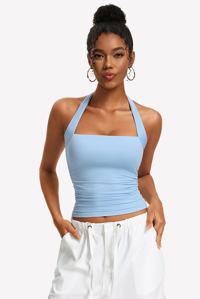 Square-neck ruched halter tank top, light blue with gathered front