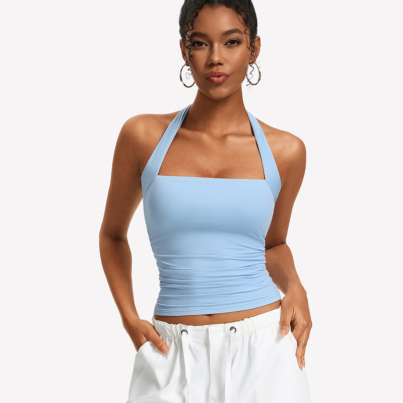 Square-neck ruched halter tank top, light blue with gathered front