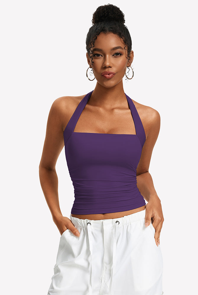 Purple ruched halter tank top with square neckline