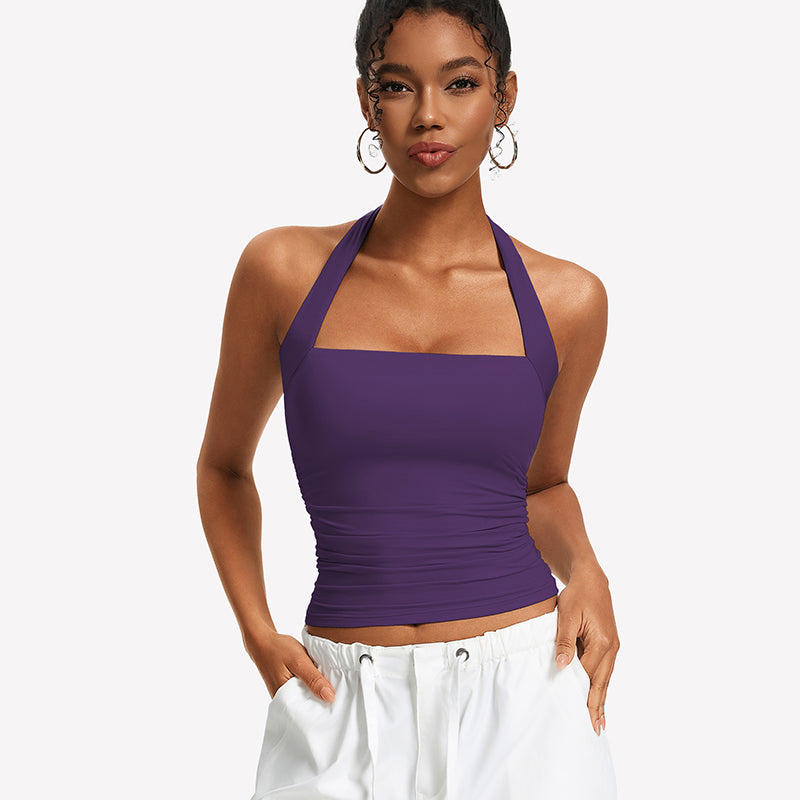 Purple ruched halter tank top with square neckline