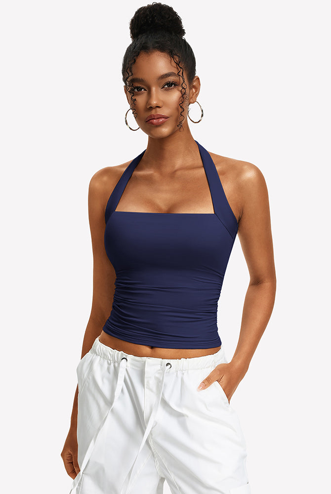 Navy blue ruched halter tank top with square neckline