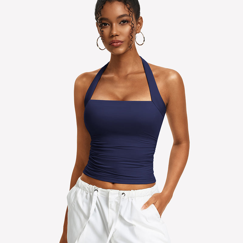 Navy blue ruched halter tank top with square neckline