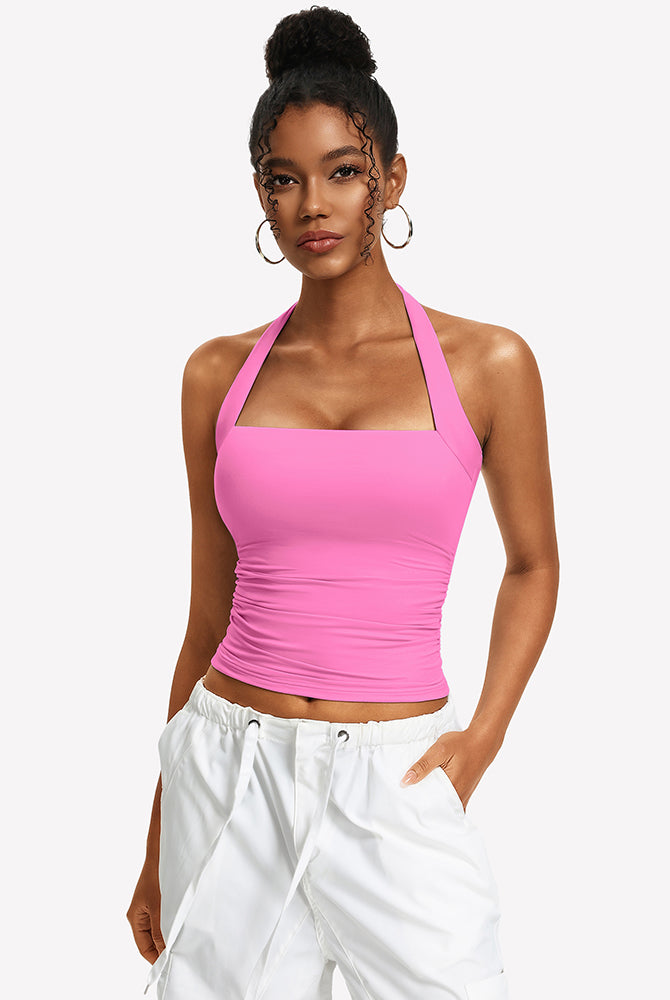 Pink ruched halter tank top with square neckline